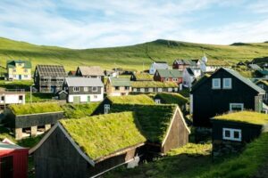 Dorpje waarin alle huizen een groen dak hebben