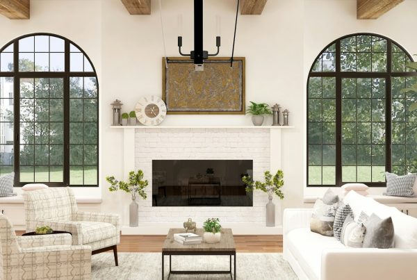 Maatwerk interieur met ingebouwde zithoeken, houten balken en symmetrisch ingerichte woonkamer verhoogt woningwaarde.