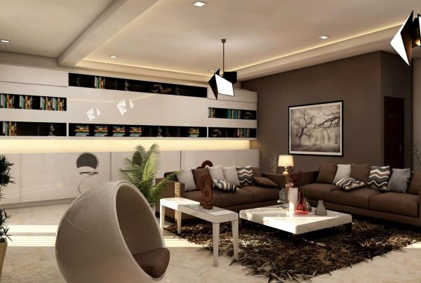 Sfeervolle woonkamer met warme kleuren, moderne verlichting en balans in interieur door contrasten