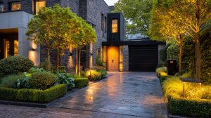 Luxe stijlvolle oprit met subtiele tuinverlichting en moderne hormann garagedeur.