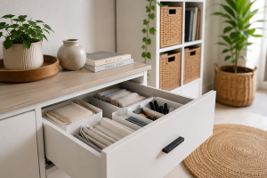 Georganiseerde opberglade met opbergbakjes en manden in een rustige, minimalistische woonruimte voor meer overzicht en rust in huis