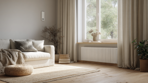 Moderne woonkamer met radiator, dikke gordijnen en warme inrichting voor extra comfort en energiebesparing in de winter