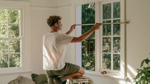 Man meet een houten kozijn op met een rolmaat in een lichte woonkamer