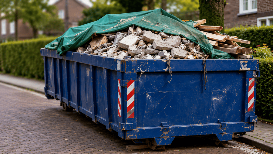 Een volle grofvuilcontainer die naast de stoep staat, bedekt met een zeil