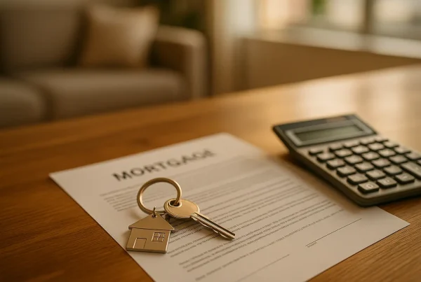 Huissleutels met hypotheekdocumenten op bureau, huis verkopen voor aflossing