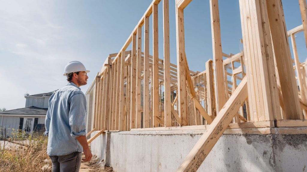 Bouwvakker met bouwhelm inspecteert de houten dragende constructie van een woning in aanbouw op een betonnen fundering