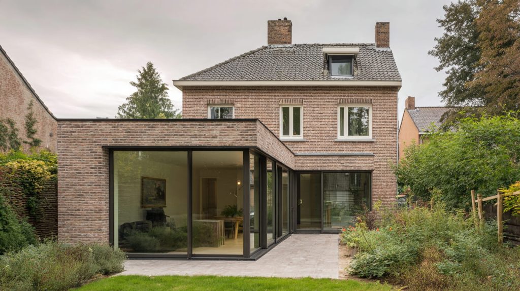 Moderne bakstenen aanbouw met grote glazen schuifpuien aan de achterzijde van een jaren '30-woning, met terras en tuin