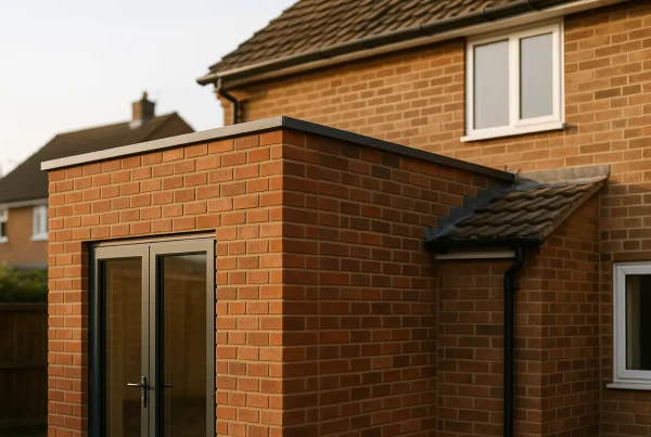 Nieuw bakstenen aanbouw detail tegen bestaand huis, vakwerk zichtbaar