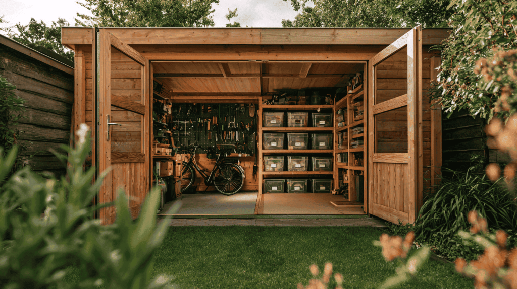 Opgeruimde tuinschuur met open deuren, gereedschapsbord, wandplanken met bakken en een fiets bij de ingang