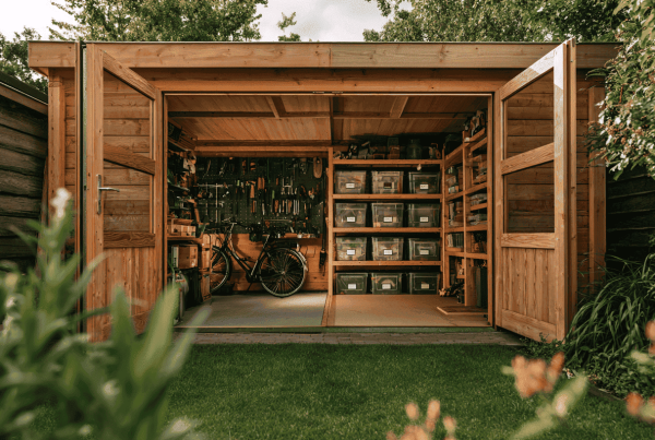 Opgeruimde tuinschuur met open deuren, gereedschapsbord, wandplanken met bakken en een fiets bij de ingang