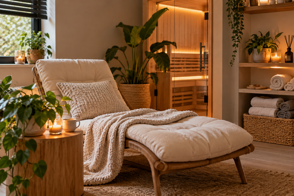 gezellige wellnesshoek met sauna en planten